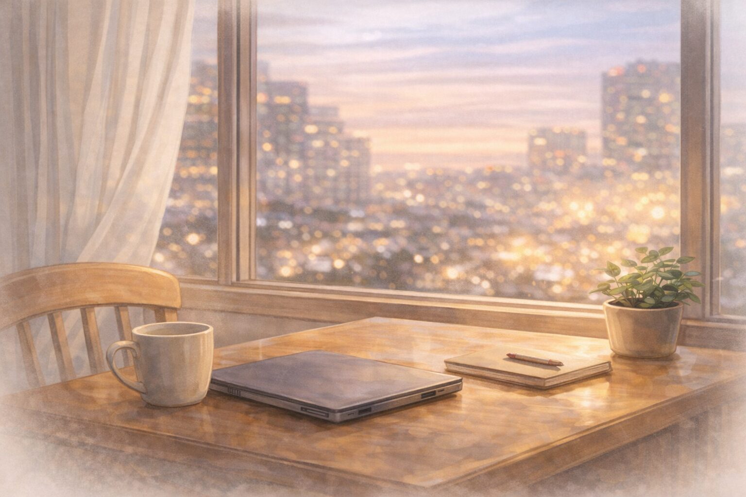 副業への不安を感じながら静かに考えを整理するイメージの机とノートのイラスト