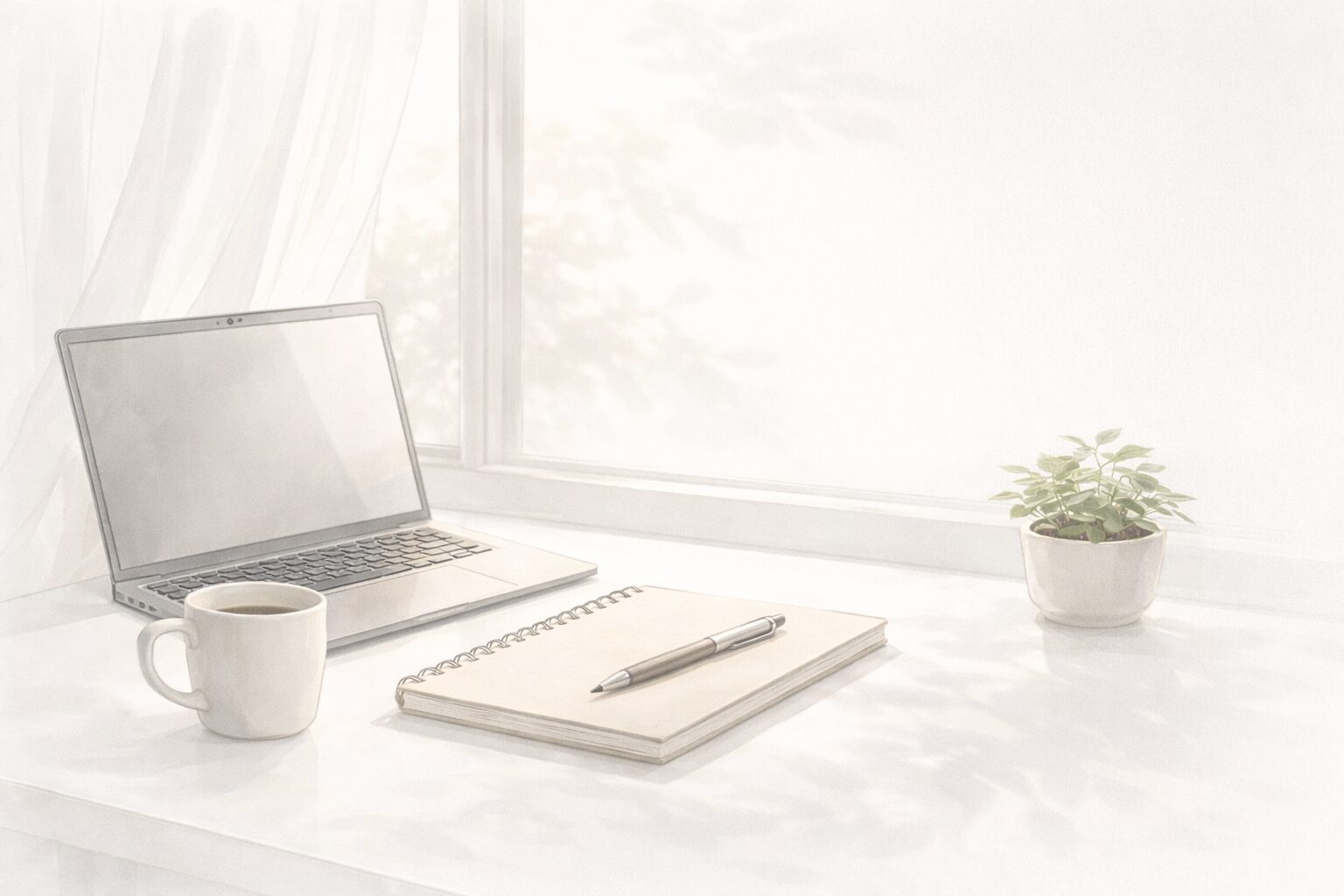 副業を考えながら静かに気持ちを整理するための、白い机とノートのある作業空間のイラスト