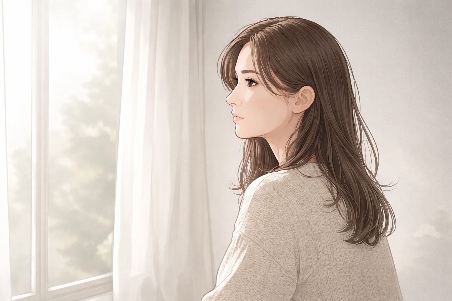 窓の外を静かに見つめながら、夫の不倫疑惑について考えを整理する35歳女性のイラスト