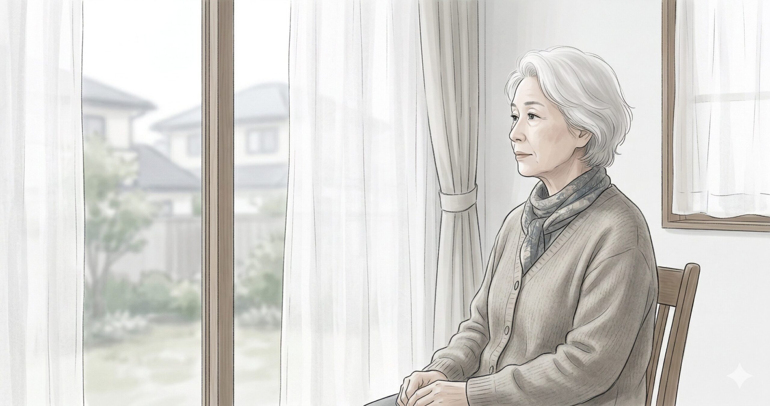 窓の外を見つめる71歳の女性。考えが整理されつつある、わずかに穏やかな表情。落ち着いた低彩度のセミリアルイラスト。構図は横向きで、余白が多い。背景はカーテン越しの柔らかな光。