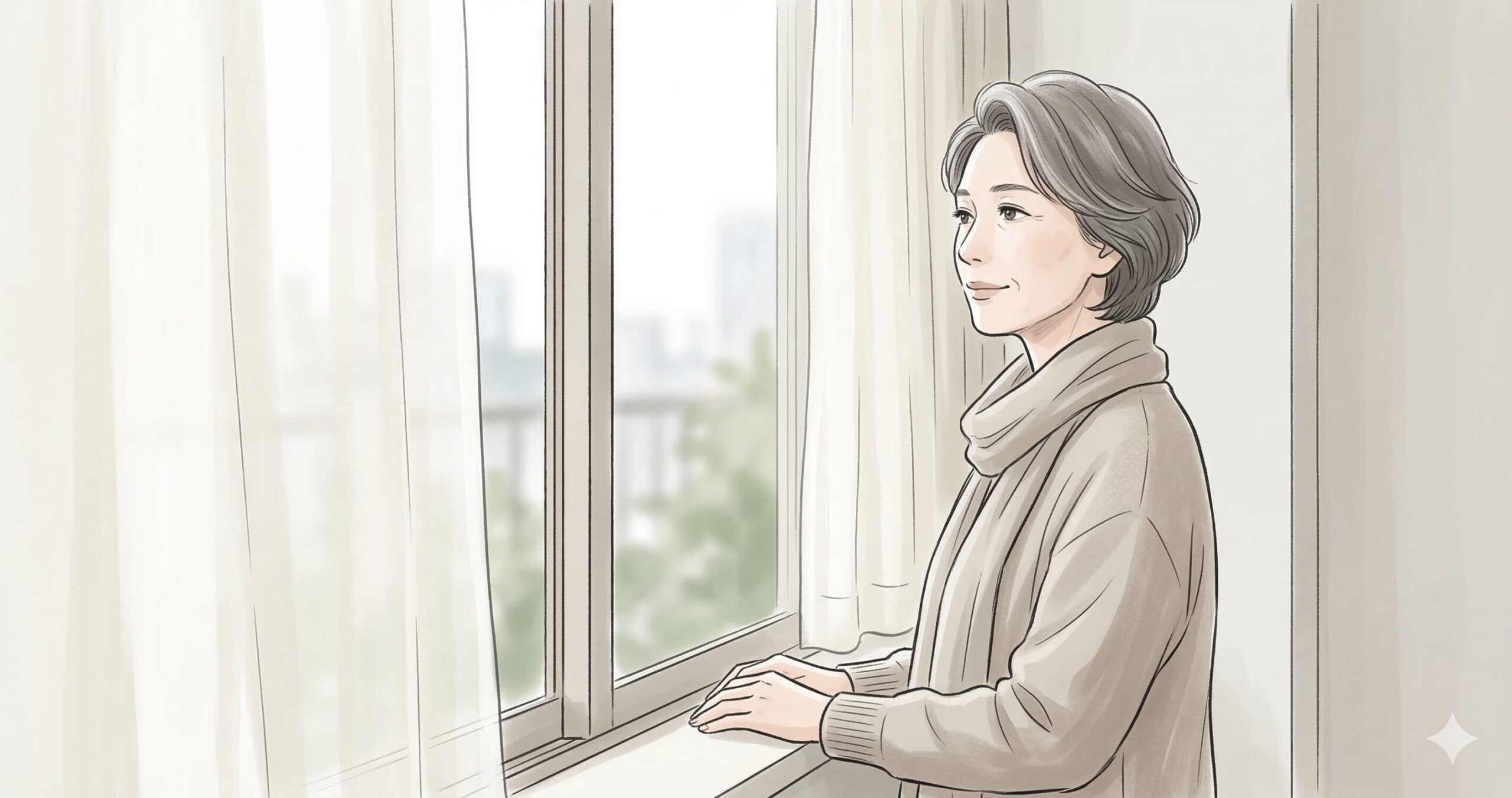 窓の外を静かに眺める57歳の女性のイラスト。落ち着いたベージュとグレーのトーンで、考えが少し整理されつつあるニュートラルな表情。柔らかな光が差し込む窓辺に立ち、余白を活かした静かな構図。