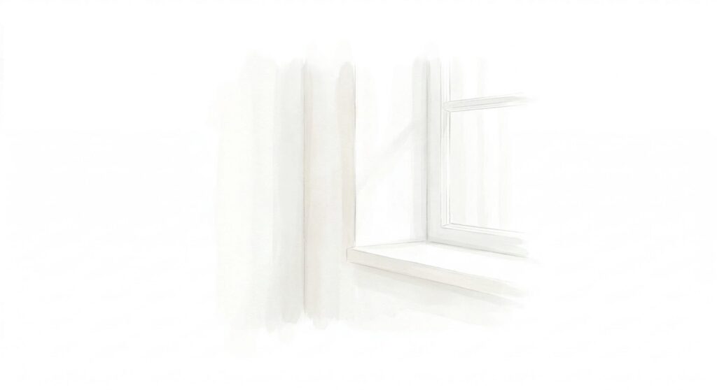 白を基調としたミニマルなイラスト。窓辺から差し込む柔らかな光と、壁に落ちる淡い影の情景。静寂と心の落ち着きを表現した、人物のいない清潔感のある風景。