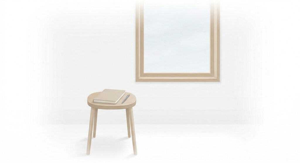 白を基調としたミニマルなイラスト。純白の空間に、薄いベージュのノートとペンが置かれた木製のスツールと、木枠の窓が配置されている。余白を大切にした静かで主張しない情景。