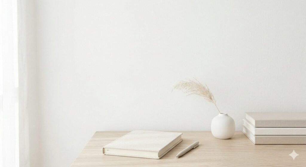 明るい白壁の部屋に置かれた、ノートとペン、一輪挿しの花瓶があるミニマルな風景。窓から差し込む柔らかな光がデスクに落ち、静寂と落ち着いた思考の時間を連想させる、白とベージュを基調とした淡いトーンのイラスト。