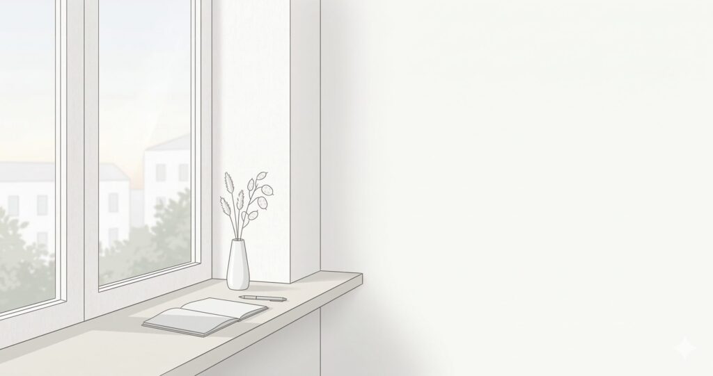 柔らかな光が差し込む窓辺と、白い机の上に置かれた一冊のノート。余白を活かした静かでミニマルな風景イラスト。