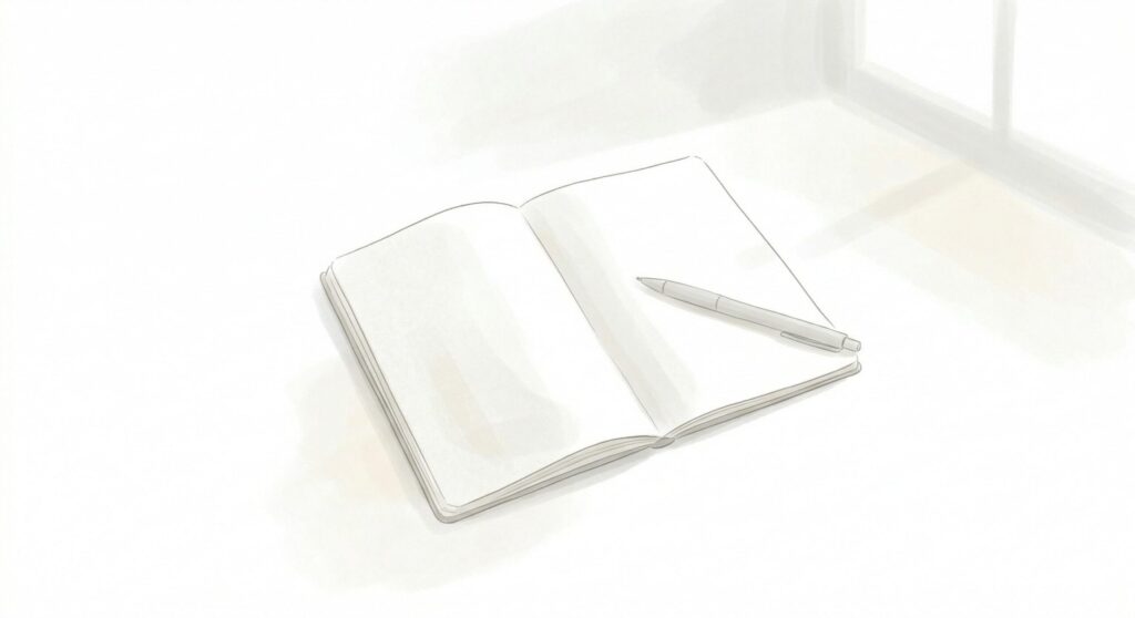 白背景に、開いたノートとペンのミニマルなイラスト。窓辺から差し込むやわらかな光と、白い壁に落ちる淡い影が表現されている。低彩度で静かな情景。