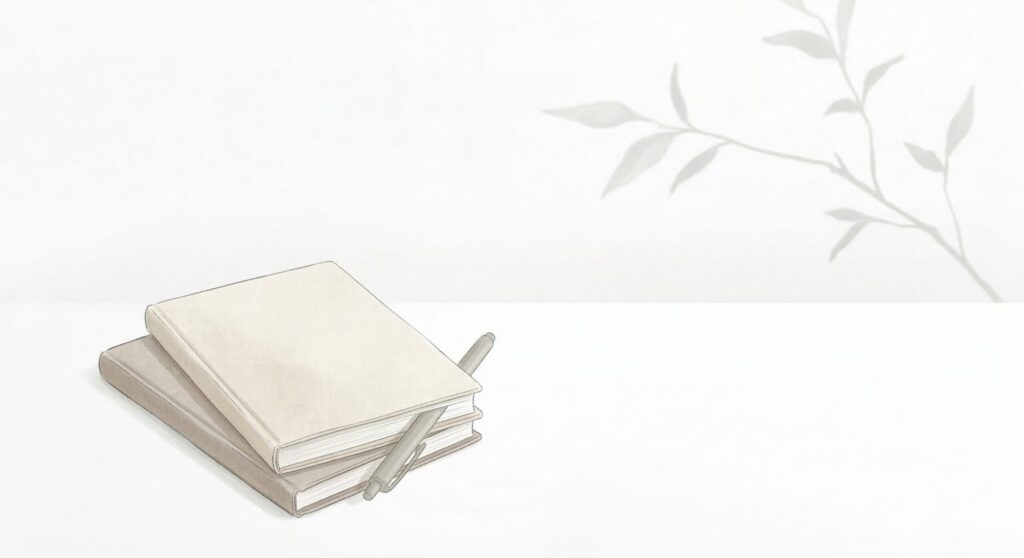 白を基調としたミニマルなイラスト。デスクの上に置かれた2冊のノートとペンの横に、植物の淡い影が落ちる静かで落ち着いた情景。低彩度で文章の「間」になるような存在感。