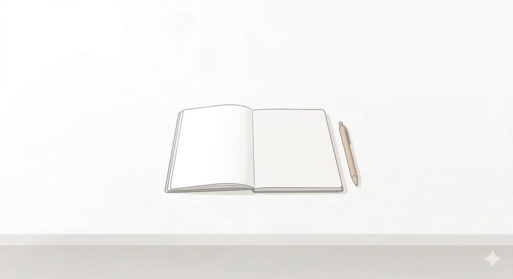 真っ白な背景の中央に、開かれた横罫線のノートと、その右隣に置かれた1本のベージュ色のペン。