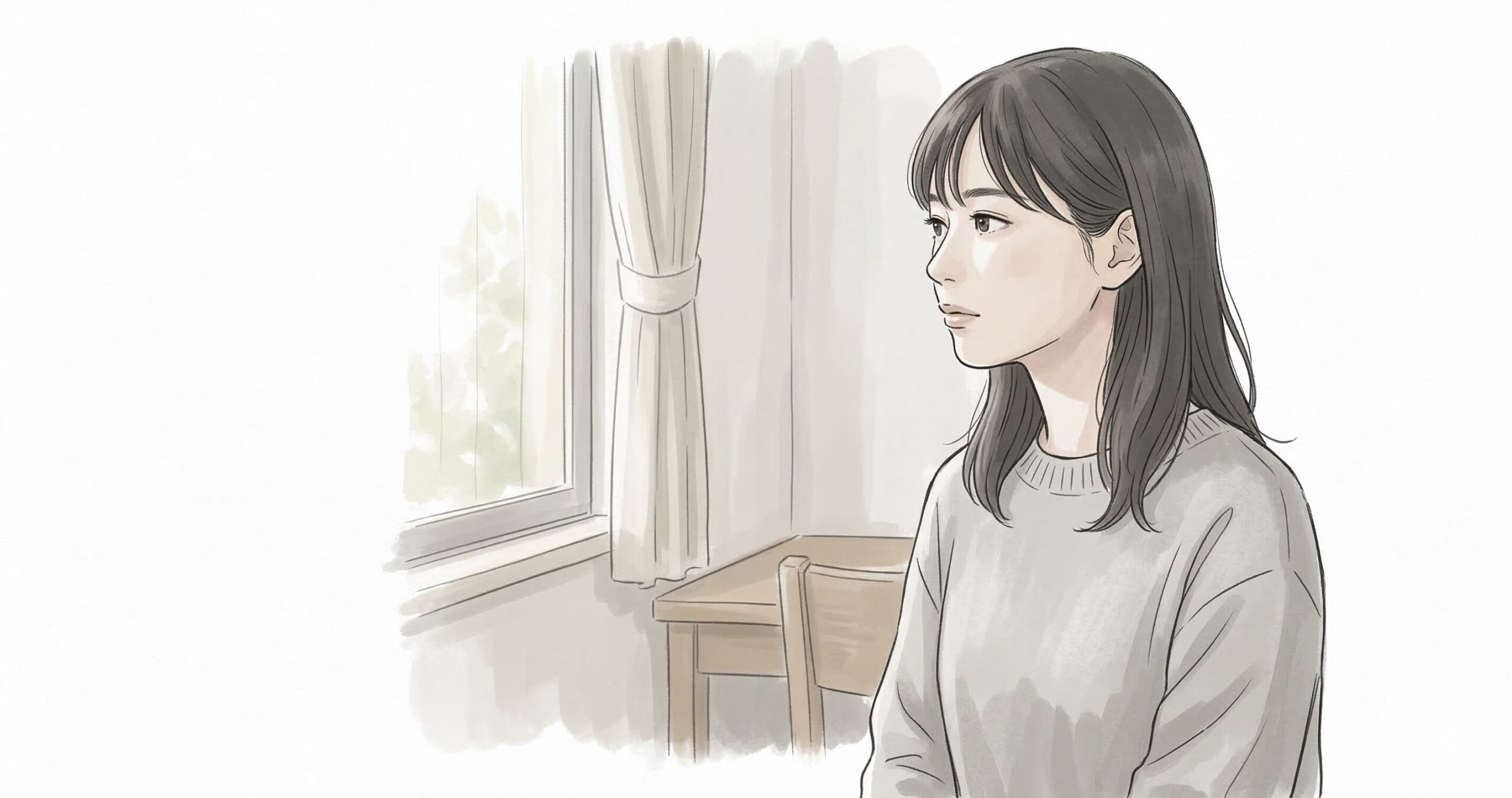 窓の外を眺めながら、思索にふける若い女性。落ち着いたセミリアルタッチのイラスト。
