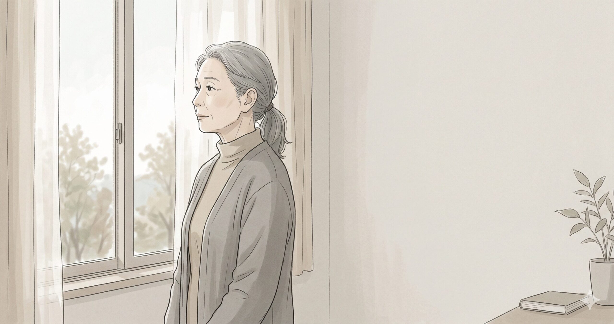 窓の外を静かに眺める72歳の女性のイラスト。低彩度のベージュとグレーを基調とした、落ち着いた雰囲気のセミリアルな横長画像。