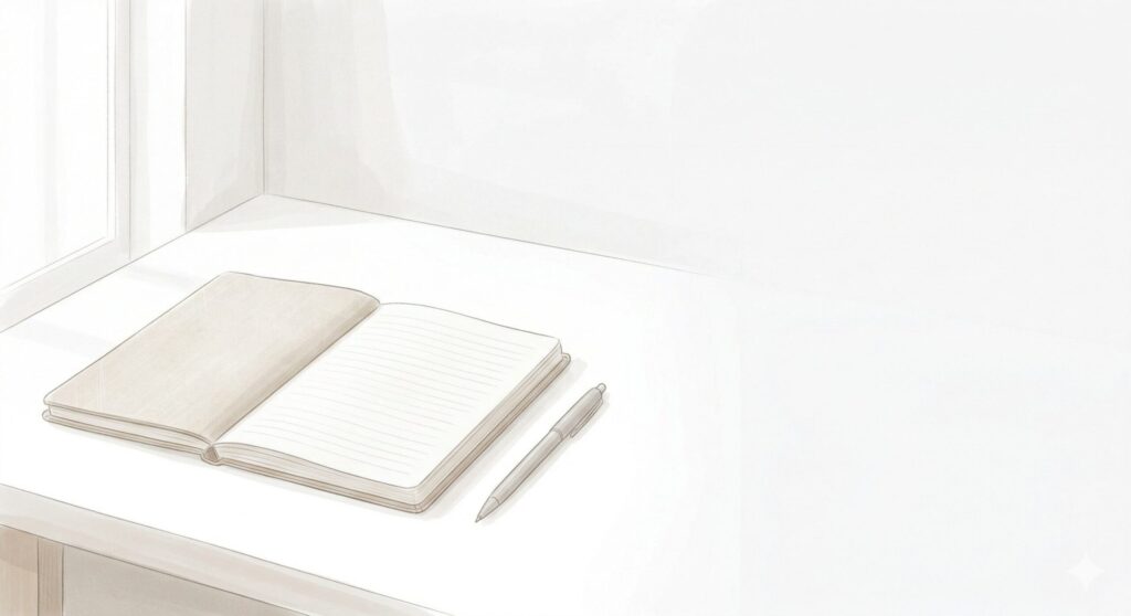静かな白背景に、開かれたベージュのノートと細身のペンが置かれたミニマルなイラスト。文章の間に置く静かな情景。