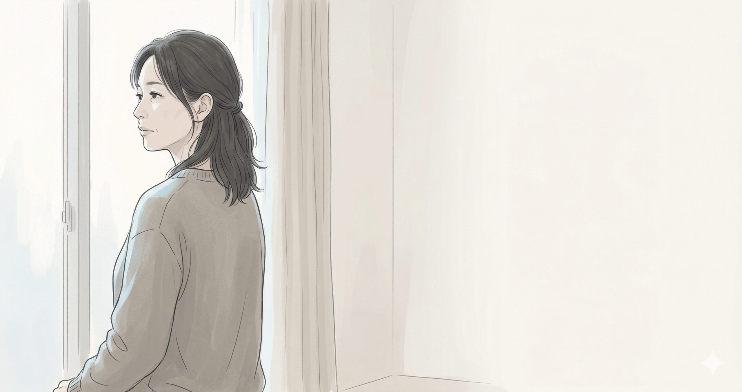 窓の外を静かに眺める46歳の女性のイラスト。落ち着いたベージュと薄グレーを基調としたセミリアルなタッチで、迷いの中に一筋の光を見出し、考えを整理しているようなニュートラルな表情を表現。右側に大きな余白を持たせた構図。