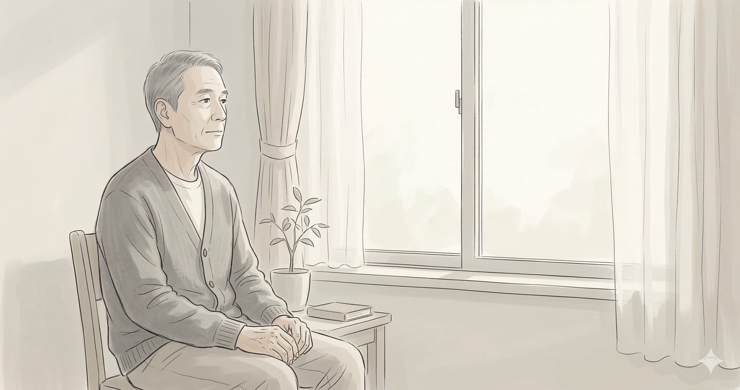 窓の外を静かに眺める77歳の高齢男性のイラスト。落ち着いたベージュトーンの室内で、これまでの夫婦関係を振り返り、考えを巡らせているニュートラルな表情の横顔。テレフォン人生相談の熟年離婚や夫婦問題のテーマに寄り添う、静寂と余韻を感じさせる構図。