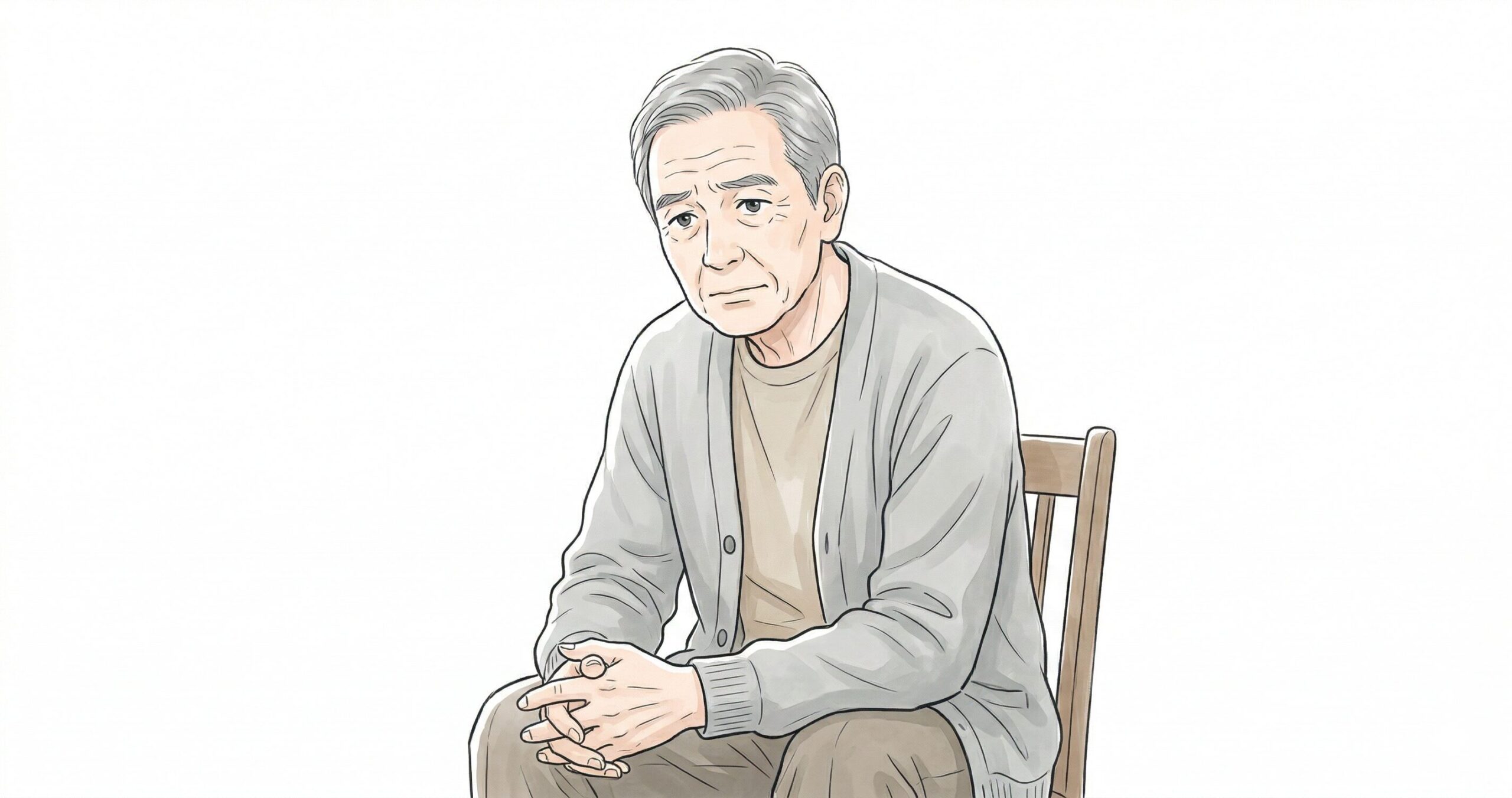 椅子に座り、斜め下を見つめて軽く手を組み、考え事をしている76歳の男性のやさしいセミリアルイラスト。白背景。