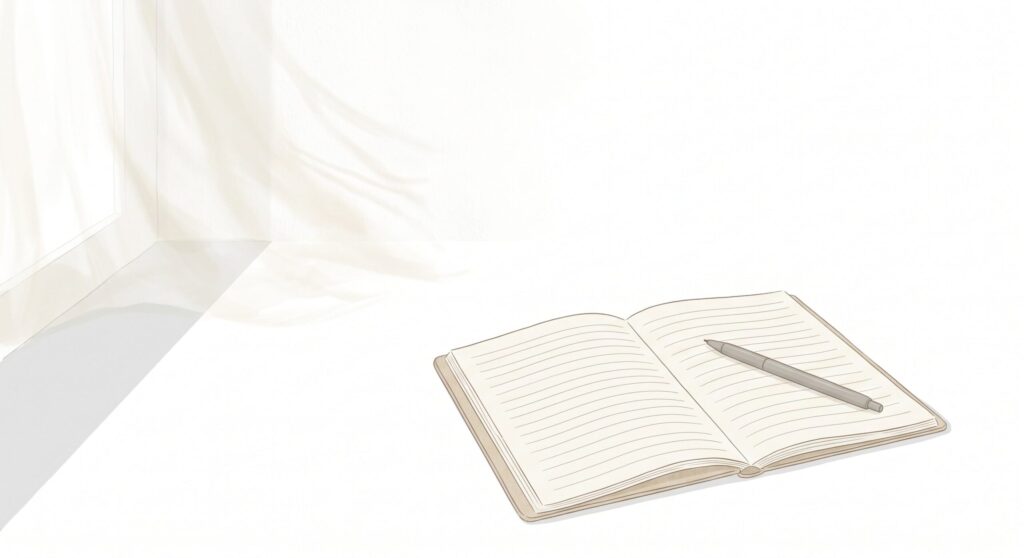 白背景を基調としたミニマルな空間。窓辺から差し込むやわらかな光と白い壁に落ちる淡い影。右下に置かれた開いたノートとペンの静かな情景。文字なし。