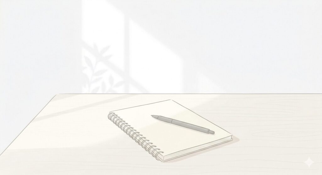 白を基調としたミニマルなイラスト。机の上に置かれたシンプルなノートとペンの静かな情景。文章の間の補助画像。