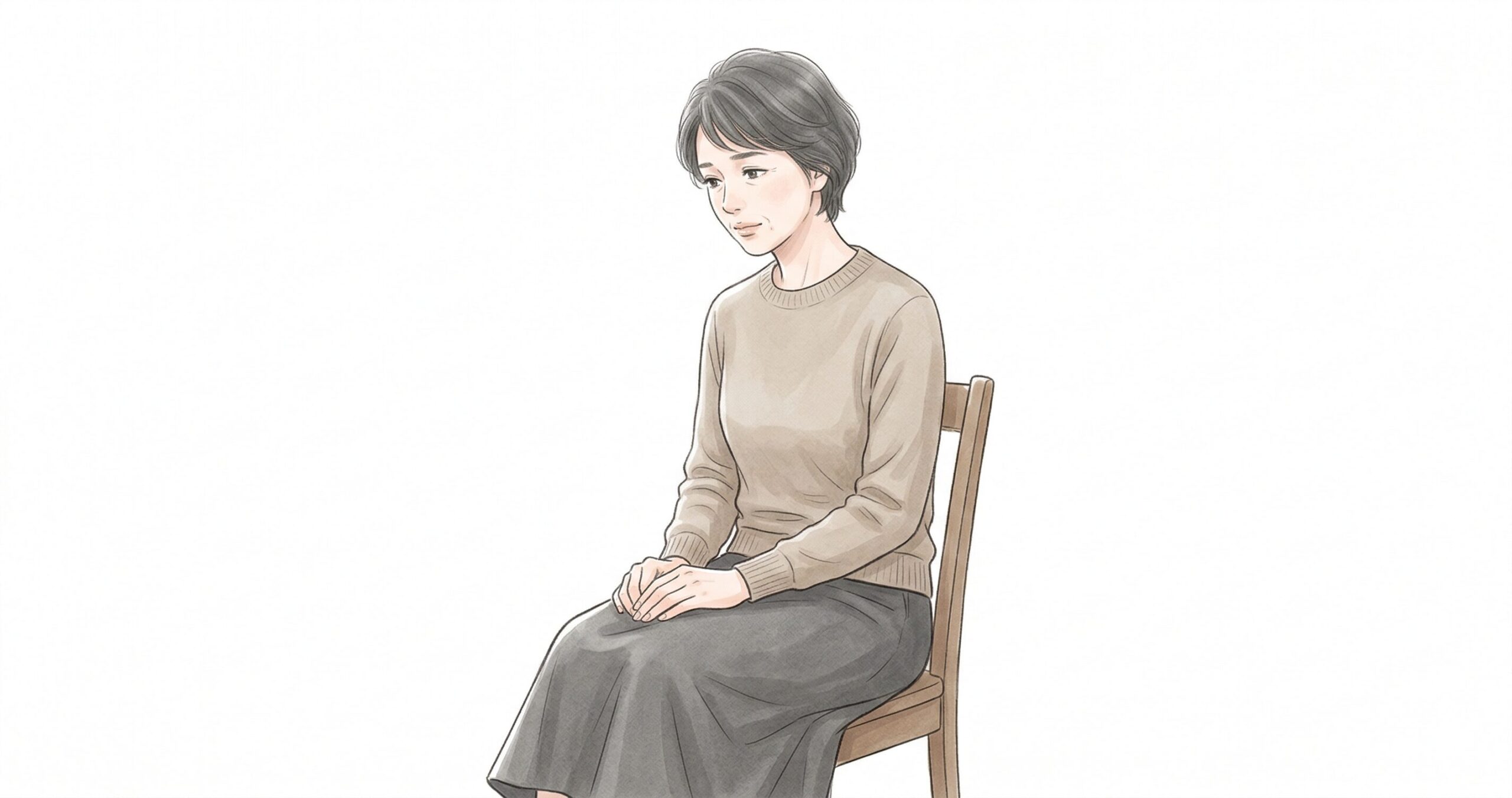 白背景に描かれた、シンプルで落ち着いた服装の57歳女性が手を組み、静かに思い悩む様子。相談をテーマにしたブログのサムネイル用イラスト。