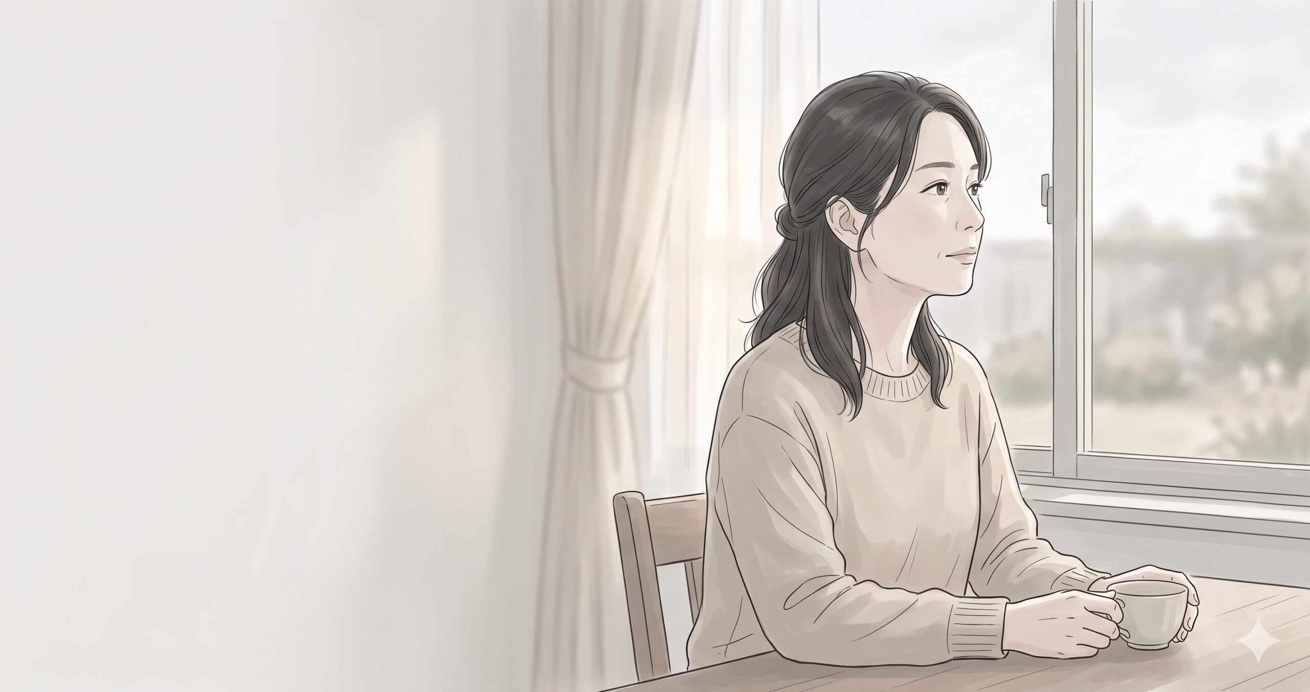 窓の外を静かに眺める49歳の女性。白を基調とした落ち着いた室内で、考えを整理するように遠くを見つめるニュートラルな表情のイラスト。
