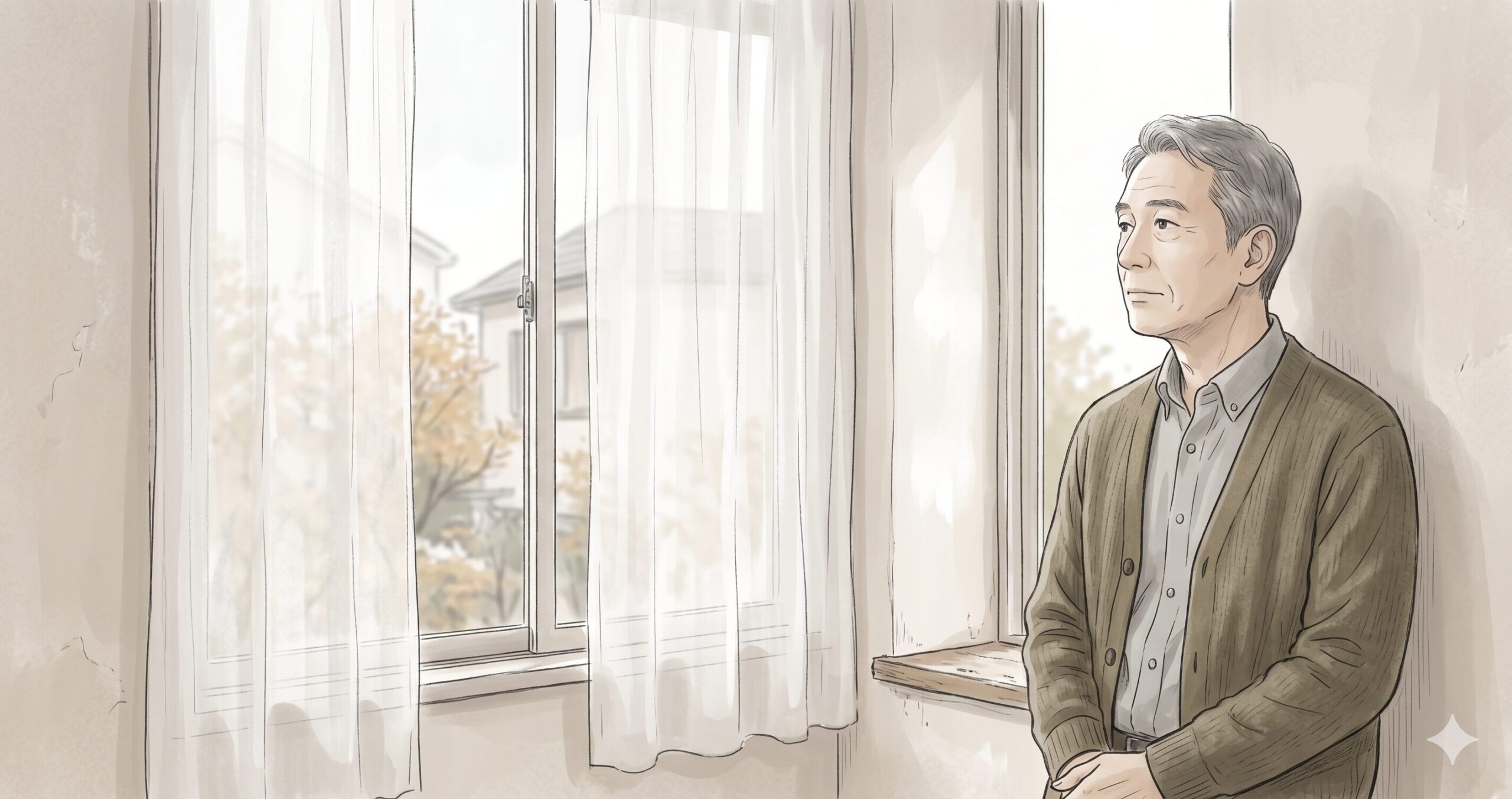 テレフォン人生相談（2025年12月29日放送）の相談者である63歳の息子を描いたイラスト。ベージュを基調とした落ち着いた低彩度のトーンで、窓の外を穏やかな表情で見つめる横顔が、父の介護問題に向き合い心が整理されつつある静かな余韻を感じさせます。