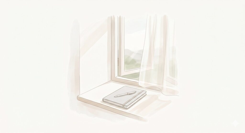 明るい部屋の開いた窓辺に置かれたノートとペンのイラスト。白いカーテンが風に揺れ、柔らかい光が差し込んでいます。