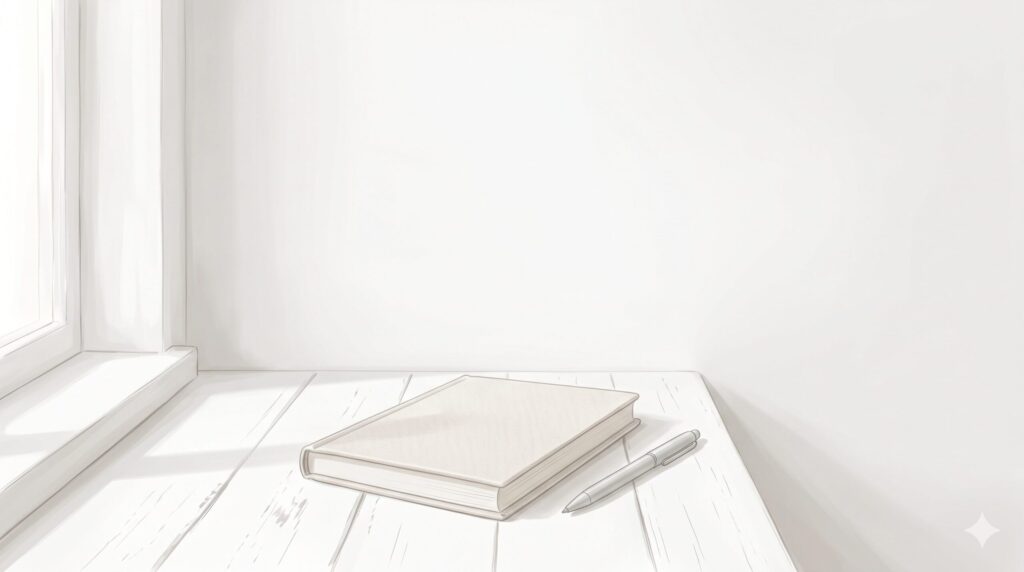 白いテーブルの上に置かれたノートとペン。窓から柔らかな光が差し込み、白い壁に淡い影が落ちているミニマルで静かな情景のイラスト。