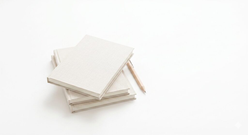 白を基調としたミニマルなイラスト。積まれたオフホワイトのノートと、その横に置かれた木製のペン。柔らかな光が差し込む静かな空間を表現しており、文章の「間」となるような落ち着いた補助画像。文字や記号はなし。