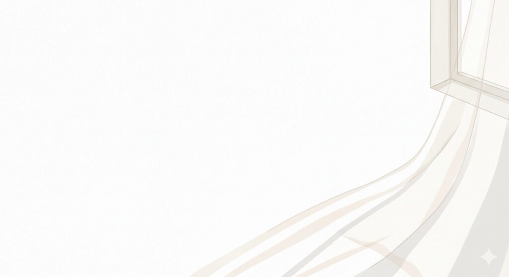 右上の隅に白い窓枠と、静かに風になびく半透明の白いカーテンが描かれた、空白スペースの多いミニマルな白い背景。清潔で穏やかな雰囲気。