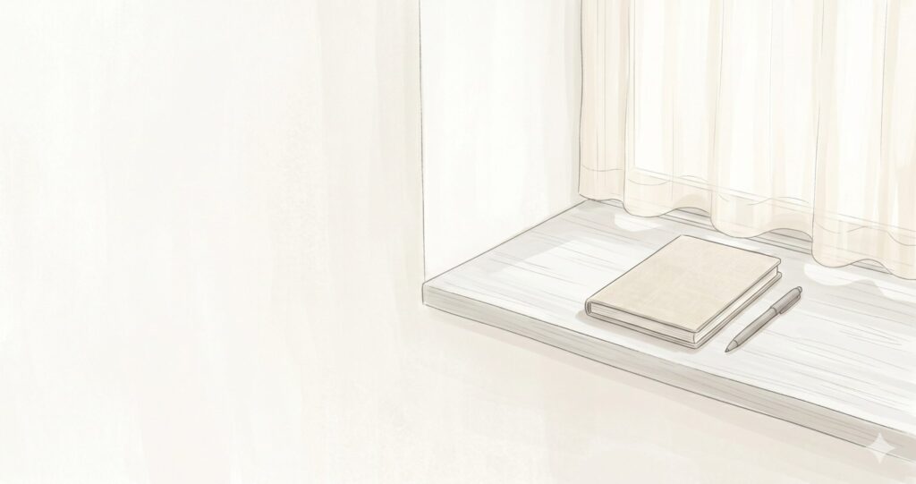 柔らかな光が差し込む窓辺に置かれた一冊のノートとペン。白背景を活かしたミニマルで静かな情景。