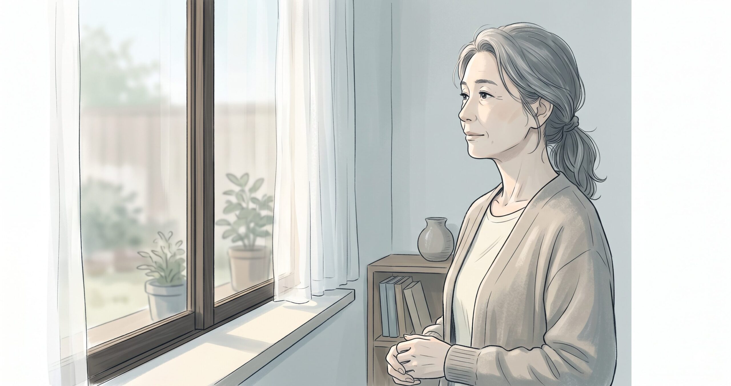 窓の外を静かに眺める、ニュートラルで思索にふける表情の68歳の日本人女性。低彩度で落ち着いたセミリアルタッチのイラスト。余白の多い構図と柔らかな窓辺の光。文字なし。