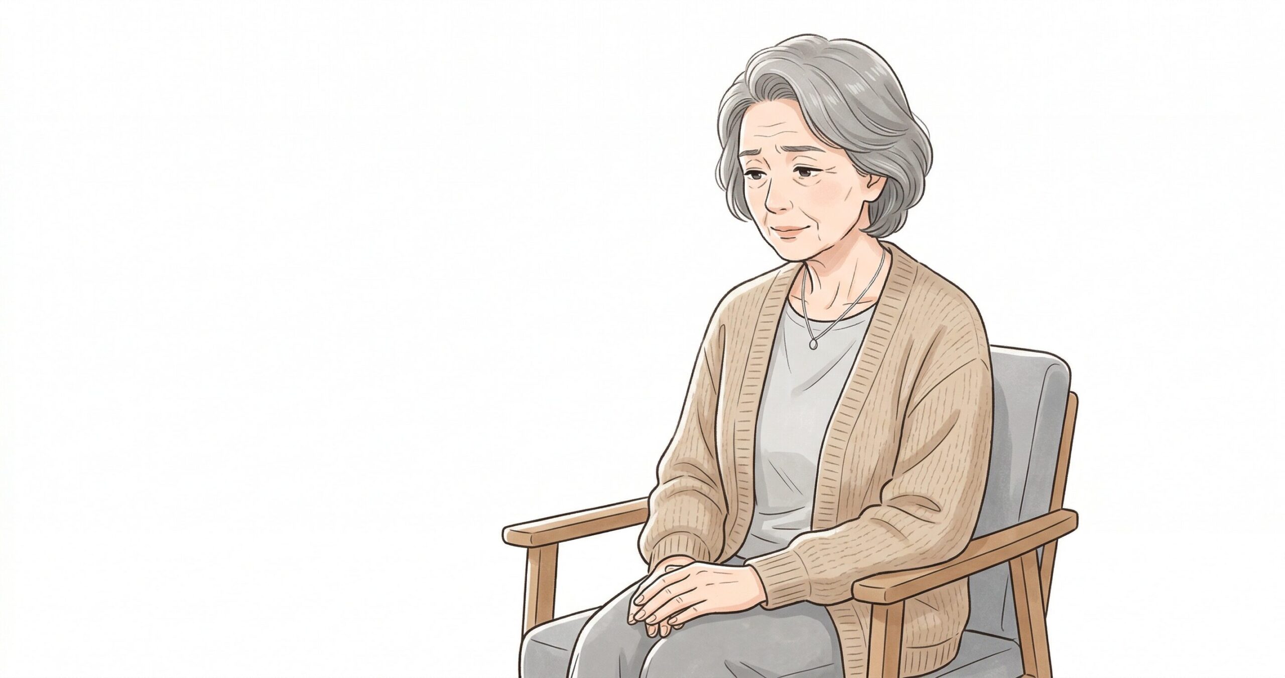 椅子に座り、物思いに耽る落ち着いた表情の74歳女性のイラスト
