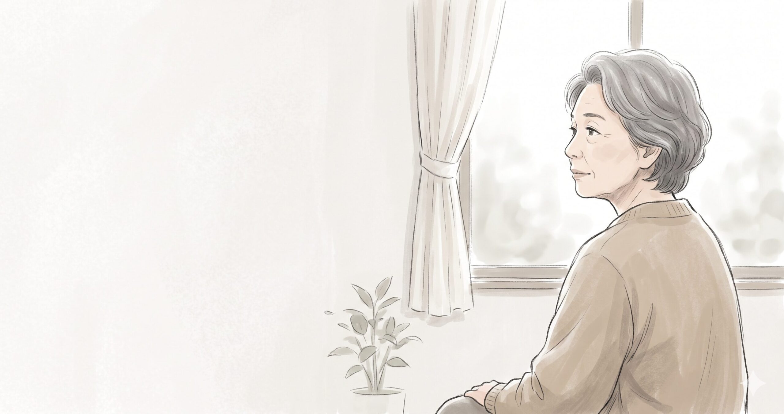 窓の外を静かに眺める78歳の女性のイラスト。柔らかな光が差し込む部屋で、考えを整理するように落ち着いた表情で遠くを見つめる横顔の構図。