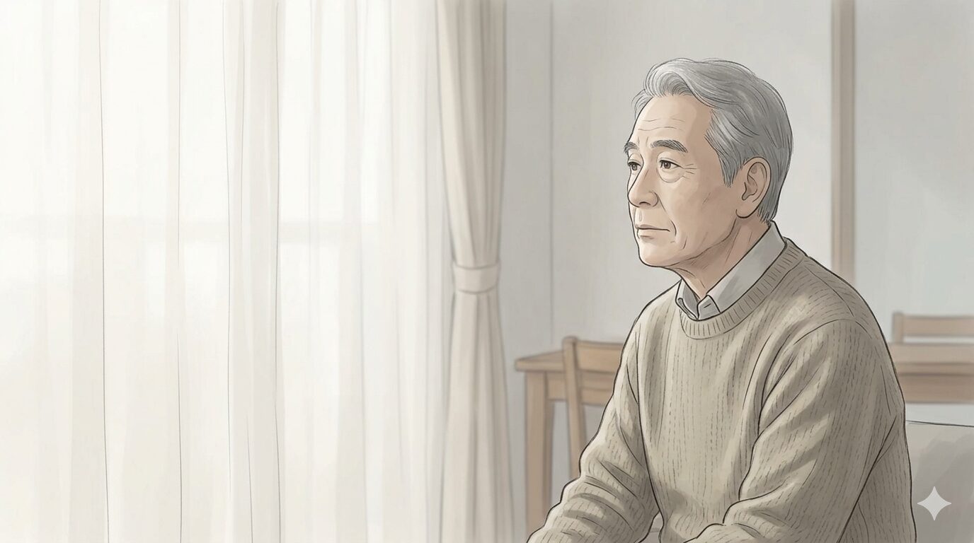 テレフォン人生相談の記事「借金返済の悩み」をテーマにしたサムネイル画像。窓の外を眺め、静かに思いを巡らせる76歳の高齢男性の落ち着いたイラスト。白を基調とした、彩度の低いベージュとグレーの静寂なトーン。