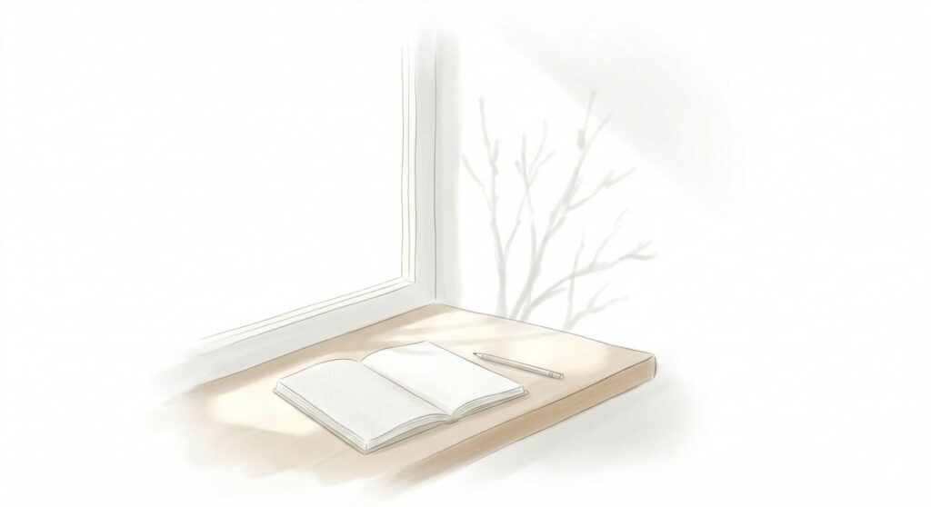 窓辺に差し込む柔らかな光と、木目の台の上に置かれたノートとペンのイラスト