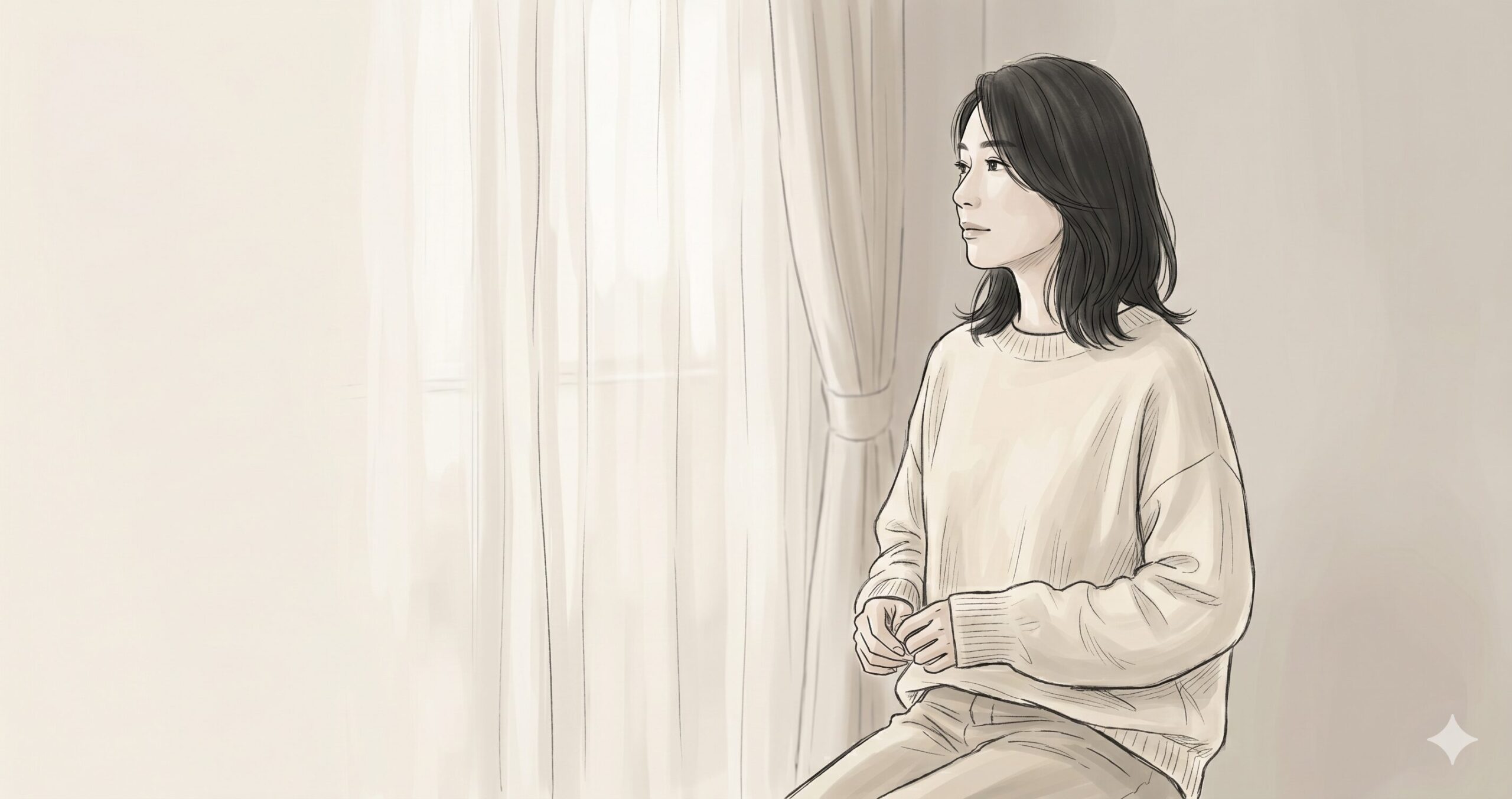 窓の外を静かに見つめる42歳の女性。淡いベージュとグレーを基調とした落ち着いたトーンのイラスト。