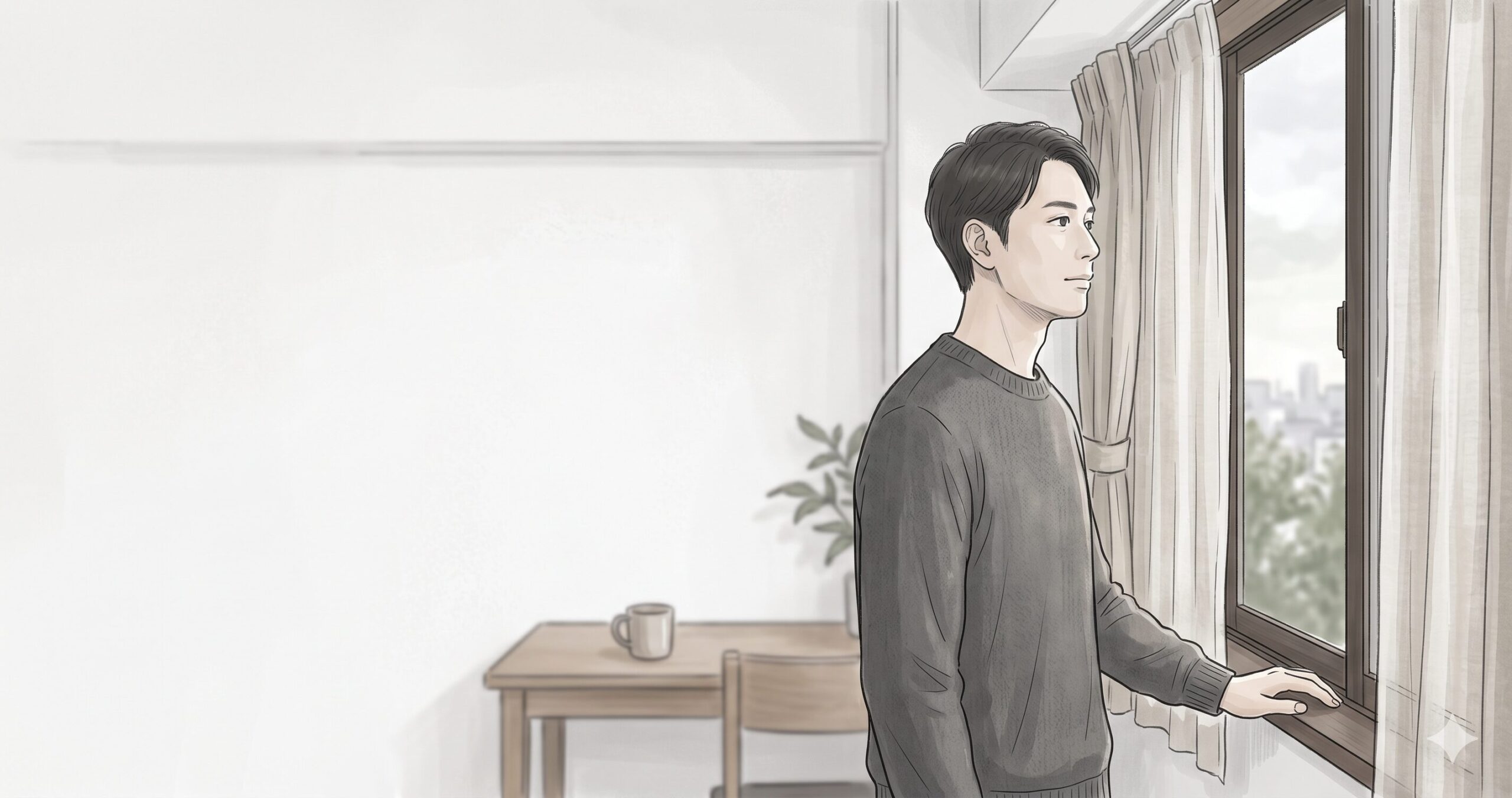 窓辺に佇み、外を静かに眺める34歳男性のイラスト。人間関係の悩みが少し整理され、心に落ち着きを取り戻しつつある様子。
