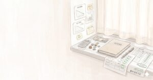白を基調とした明るい窓辺に、借金管理帳や電卓、返済計画のグラフ、完済に向けたチェックリストが整然と並んでいる様子。過去の清算と明るい未来への一歩を象徴する、静かで前向きな雰囲気のセミリアルなイラスト。