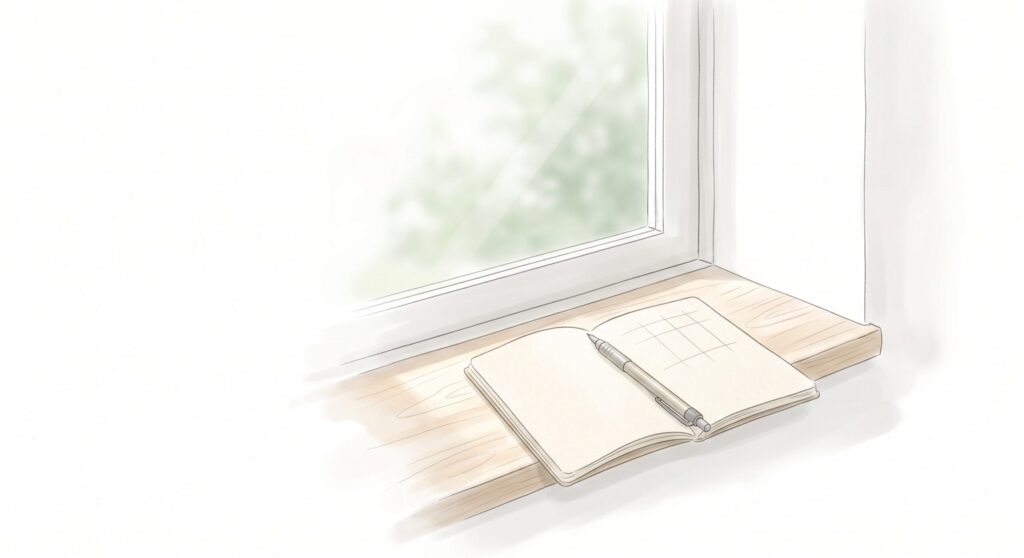 窓辺の木製カウンターに置かれた開いたノートとペンのイラスト。左側に大きな白の余白があり、窓から差し込むやわらかな光と淡い影を表現したミニマルで静かな情景の補助画像。