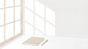 窓から柔らかな格子状の光が差し込む、白を基調としたミニマルな部屋。机の上には一冊のベージュのノートとペンが静かに置かれている。過去を清算し、新しい未来を書き始める準備を象徴するような、清潔感のある静かな情景。