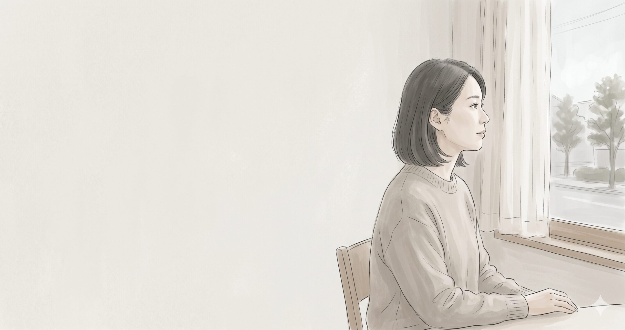 窓の外を静かに見つめる38歳の女性のイラスト。白や薄グレー、ベージュを基調とした落ち着いたトーンで、画面左側に大きな余白が取られた横長の構図。