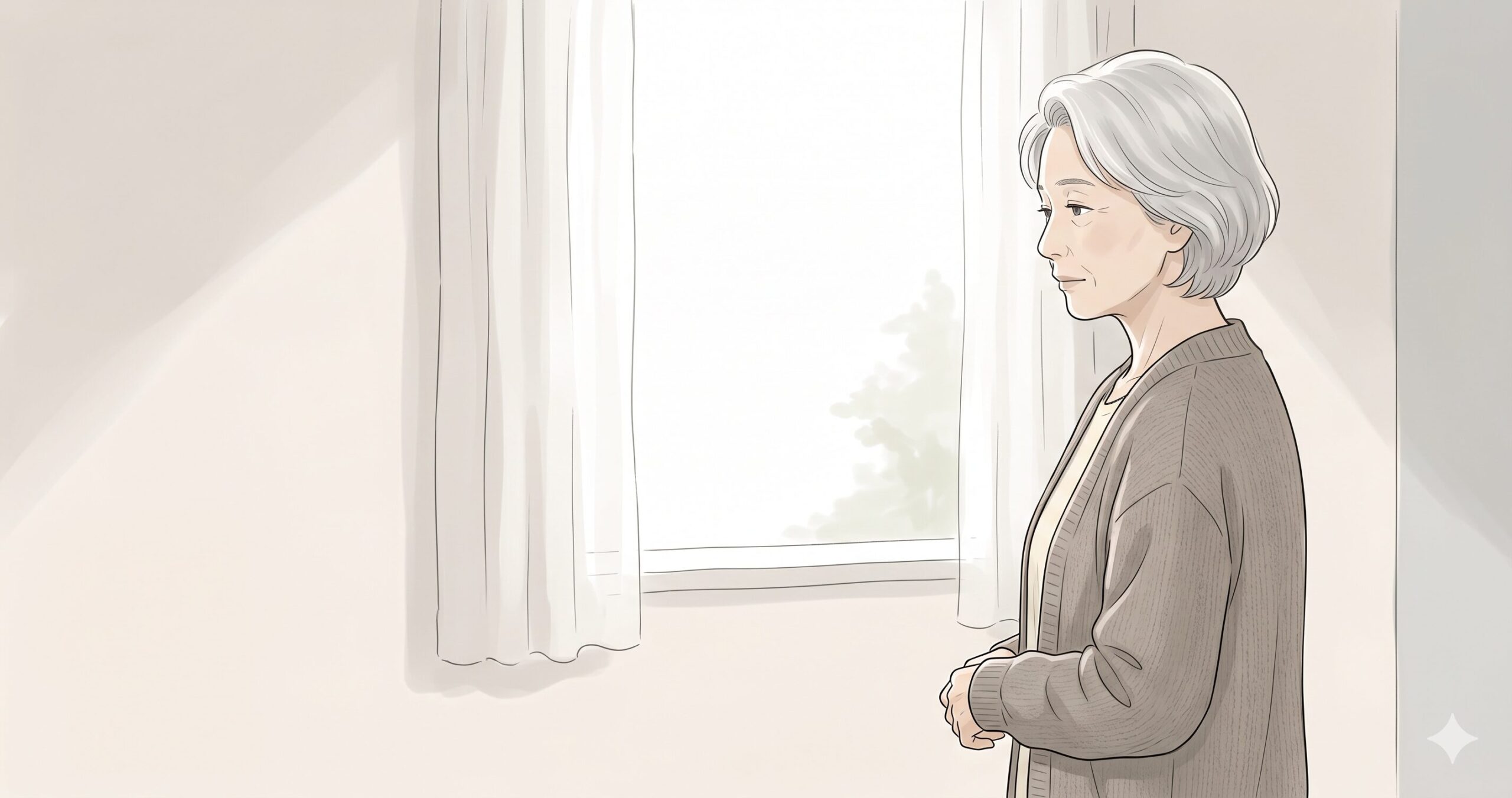 窓の外を静かに見つめる70代の女性のイラスト。柔らかな光が差し込む部屋で、思索にふけるような落ち着いた横顔。グレーのカーディガンを羽織り、人生の決断や心の整理を象徴する、余白を活かしたミニマルな構図。
