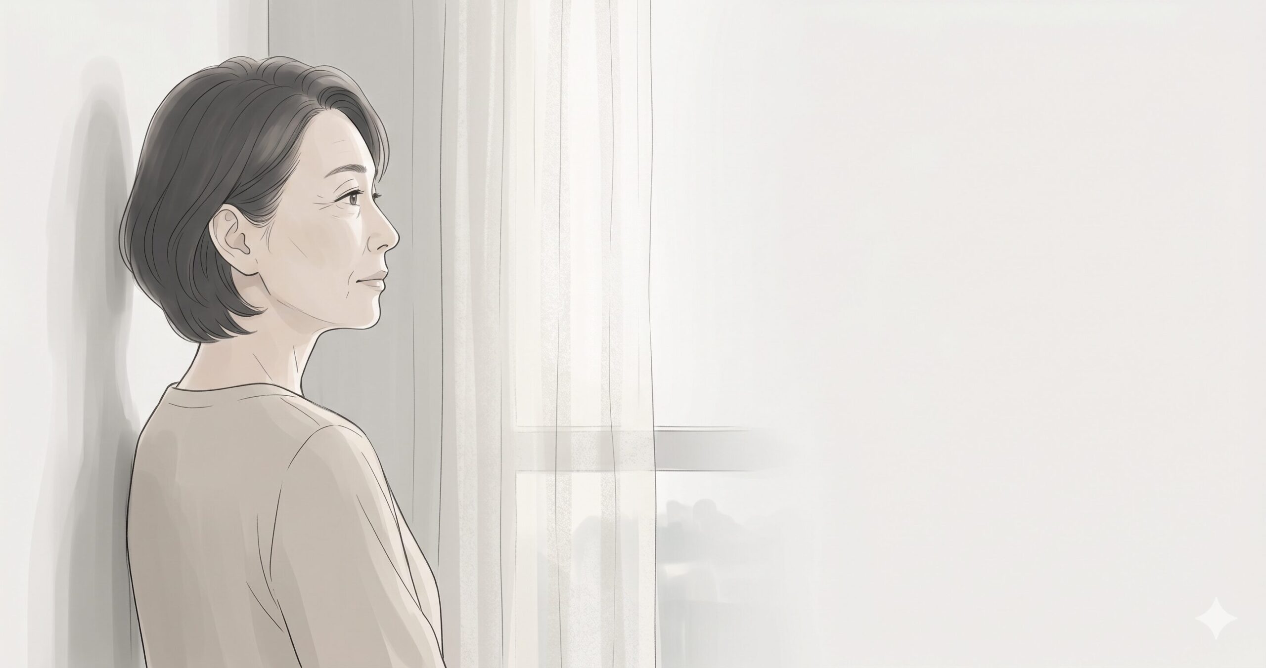 窓から差し込む柔らかな光を、静かな横顔で見つめる61歳の日本人女性。落ち着いたベージュと薄グレーを基調としたセミリアルタッチのイラスト。考えを整理しているようなニュートラルな表情で、右側の広い余白が静けさと余韻を感じさせる構図。