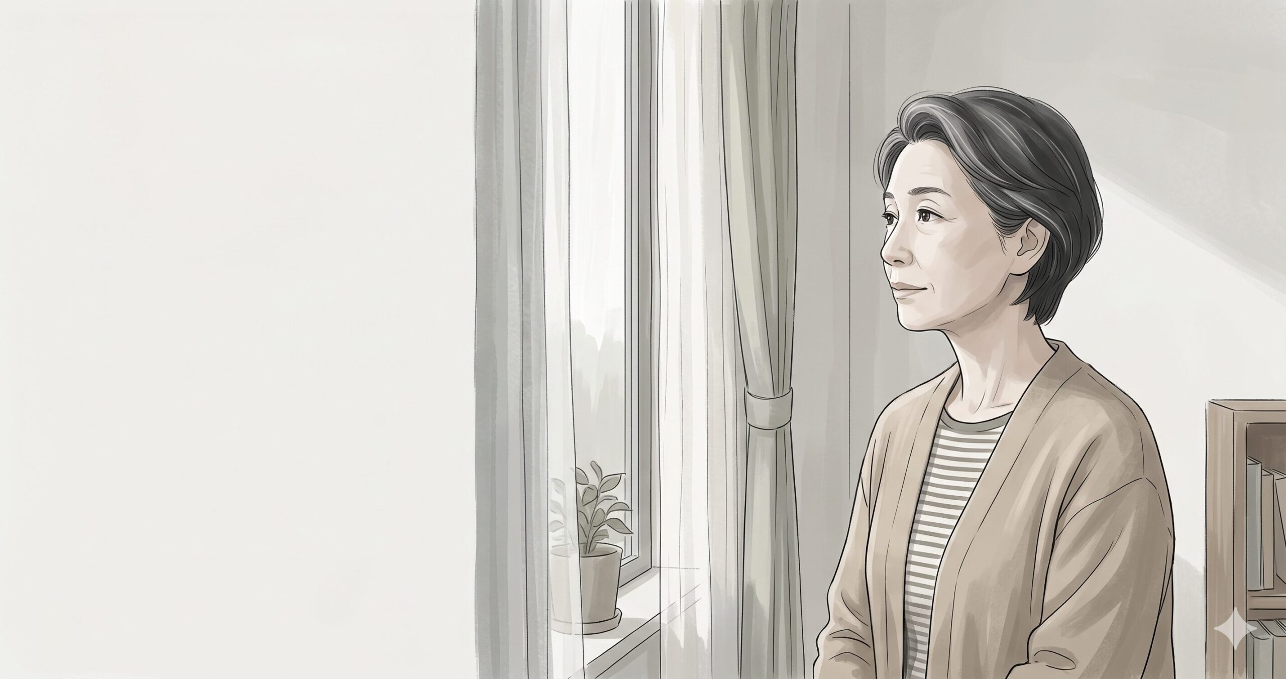 窓の外を静かに眺める62歳女性のイラスト。白と薄グレーを基調とした落ち着いたトーンで、二世帯住宅のローンや遺産相続トラブルの解決に向け、考えが整理されつつあるニュートラルな表情を表現したOGP・サムネイル画像。