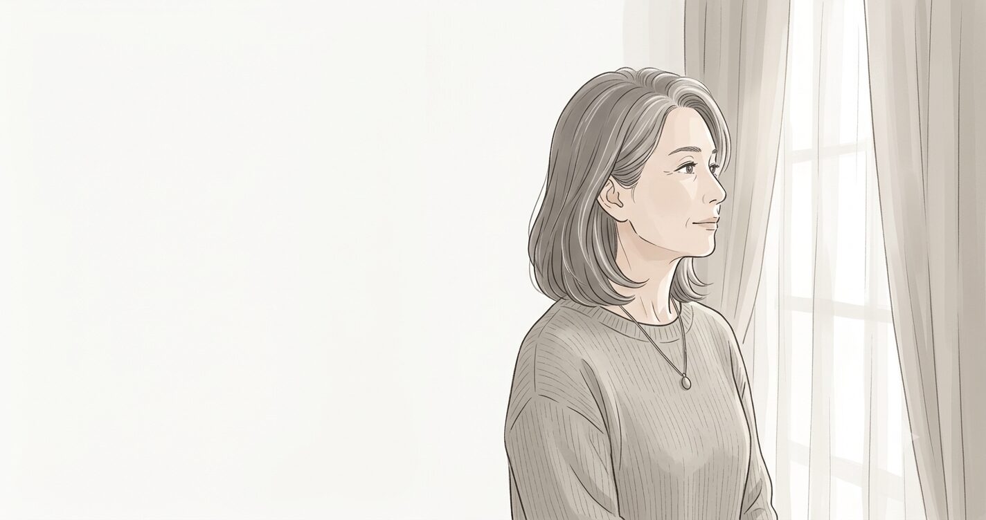 テレフォン人生相談の記事から：夫の不倫疑惑に悩んでいた60代の相談者女性が、窓の外を静かに眺める横顔。考えが整理されつつあるニュートラルな表情で、窓からの柔らかな光とカーテンが控えめに描かれた、静寂と余韻を感じるセミリアルタッチのイラスト。余白が多く取られた横長（OGP）構図。