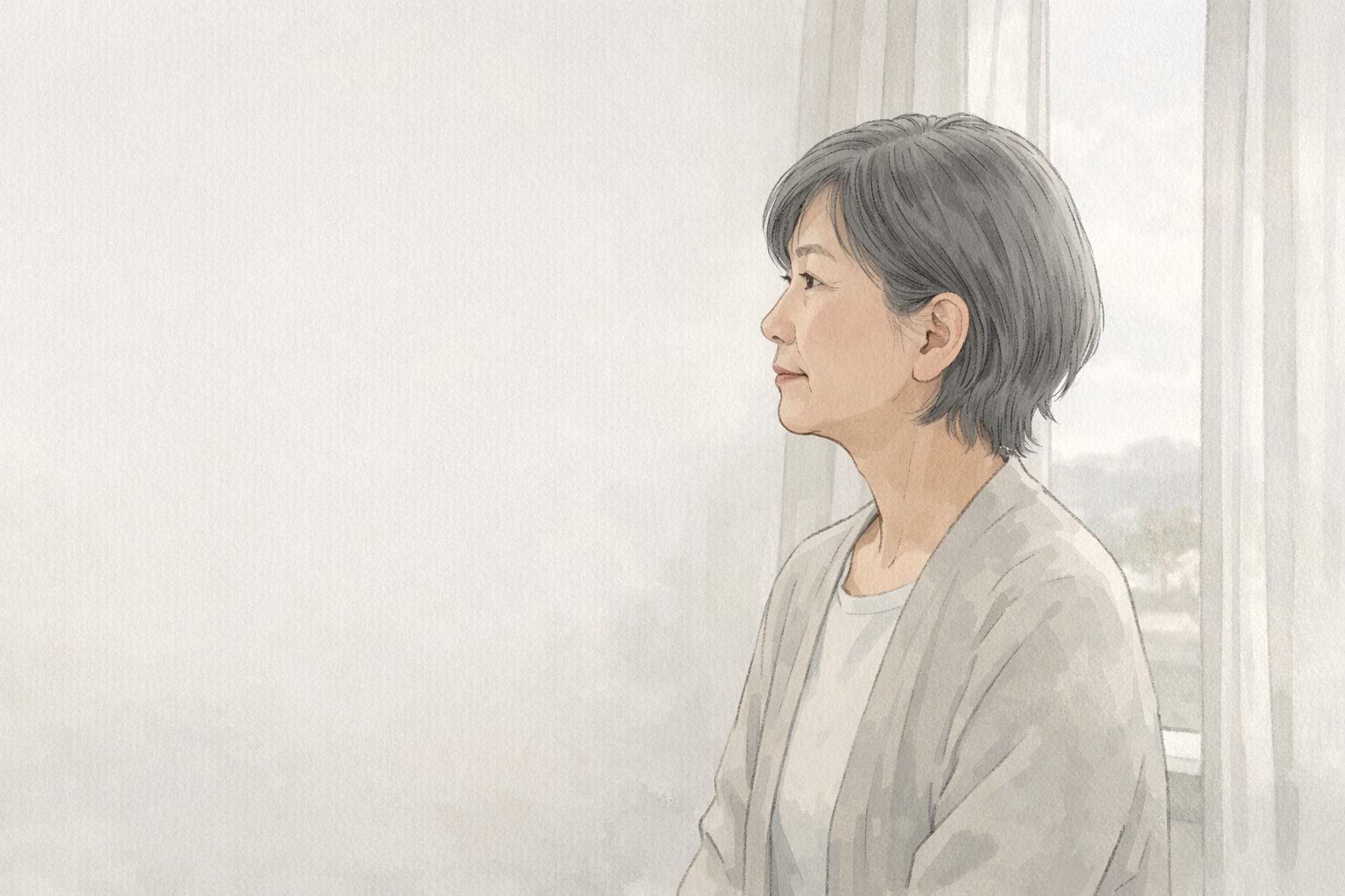 窓の外を静かに見つめる高齢女性のセミリアルなイラスト。白を基調とした柔らかな光の中で、落ち着いた雰囲気を表現している。