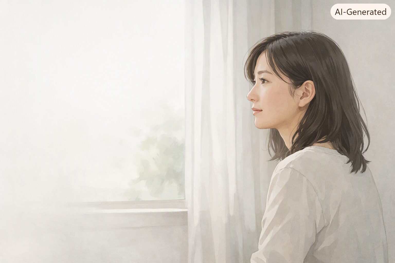窓の外を静かに見つめる30代女性が、淡いベージュと薄グレーの柔らかな光に包まれながら半身で佇むイラスト。母との関係を考え、感情が少し整理されつつある落ち着いた表情で描かれている。