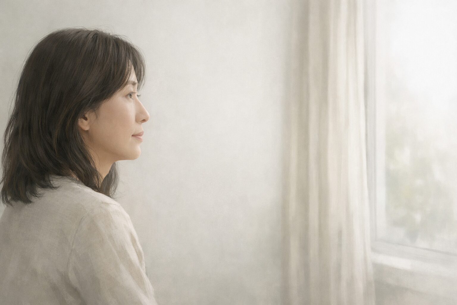 静かな部屋で窓の外を見つめる50代女性の横向き半身イラスト。白を基調とした低彩度の背景に柔らかな光が差し込み、落ち着いたニュートラルな表情で遠くを眺めている構図。