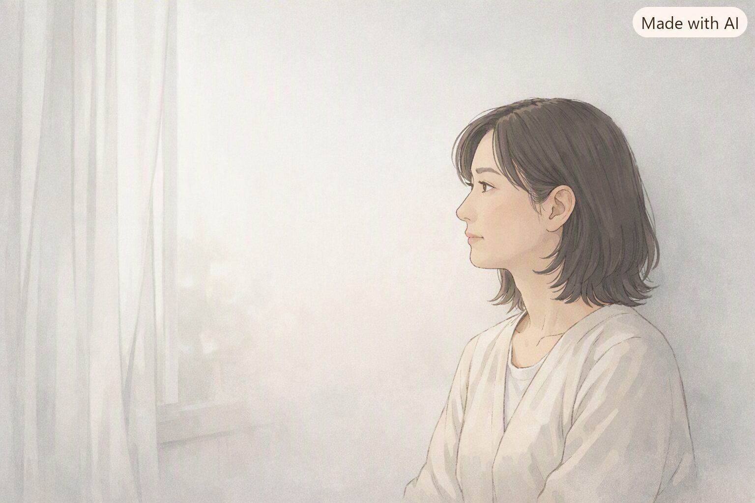 窓から差し込む柔らかな光を受けながら、横向きで遠くを見つめる中年女性の静かなセミリアルイラスト。白を基調とした低彩度の背景に、落ち着いた雰囲気で佇む姿を描いたOGP用画像。
