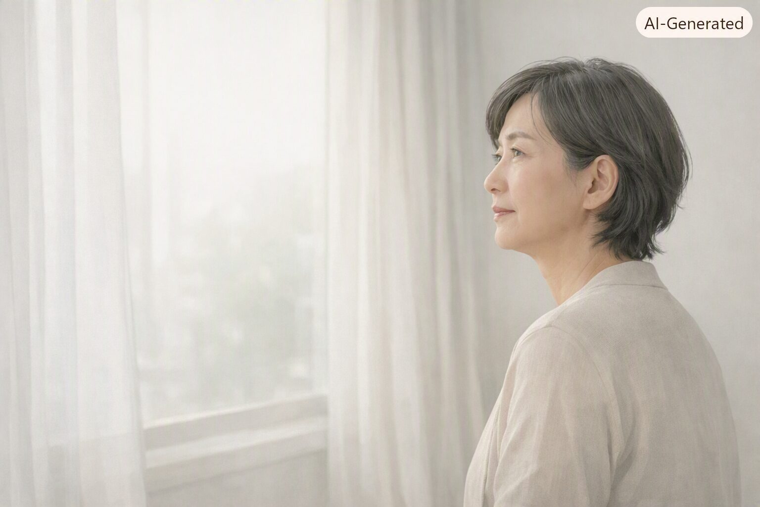 大きな窓から差し込む柔らかな光を眺める60代女性の半身イラスト。落ち着いた表情で遠くを見つめ、低彩度のベージュと薄グレーを基調にした静かな雰囲気の構図。