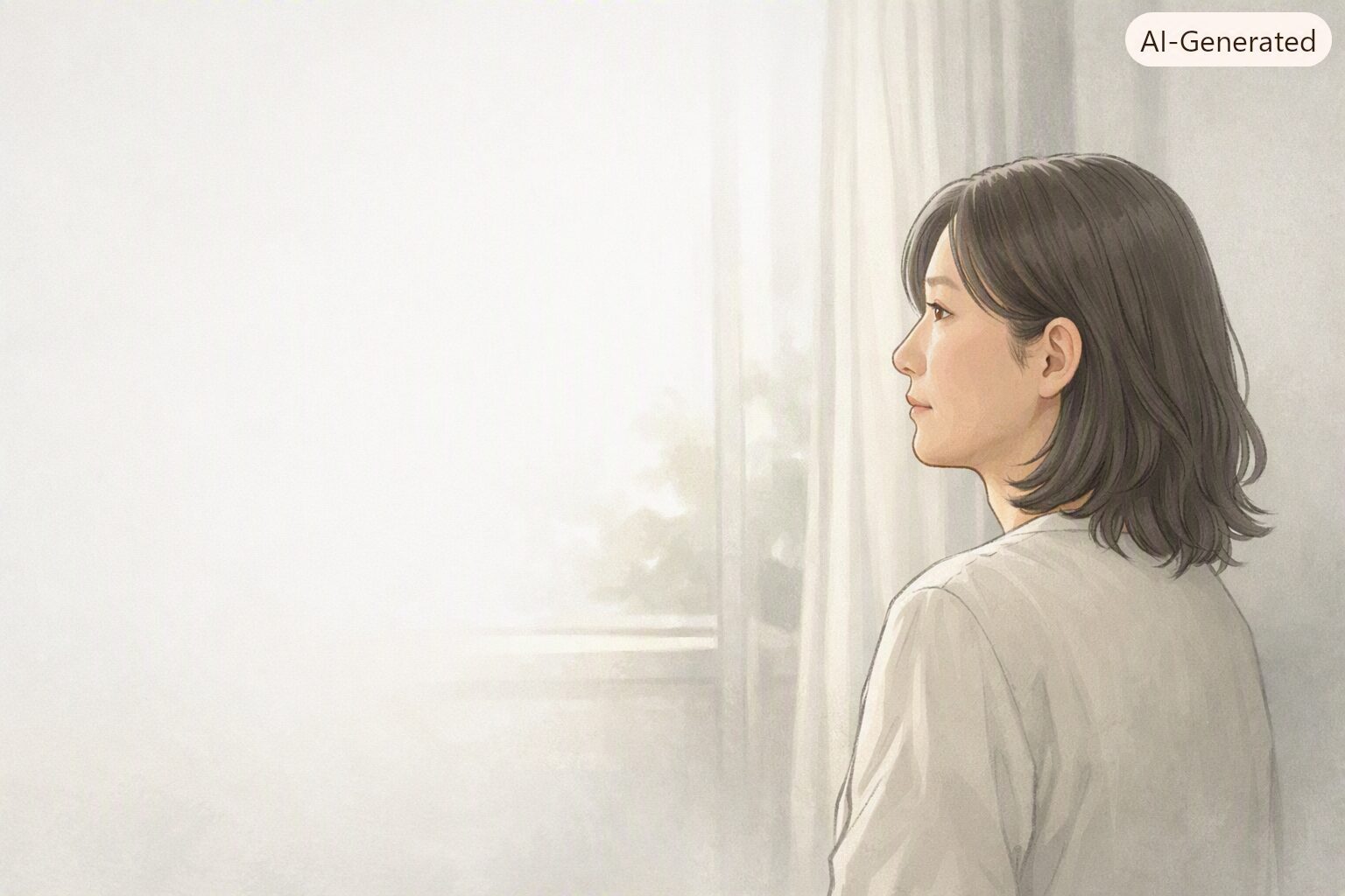 同居する高齢の母との関係に悩みながらも、考えが少し整理されつつある中年女性が、窓の外を静かに見つめる横向きの半身イラスト。柔らかな光が差し込む低彩度の室内で、穏やかさと余白のある構図が静かな雰囲気を表現している。