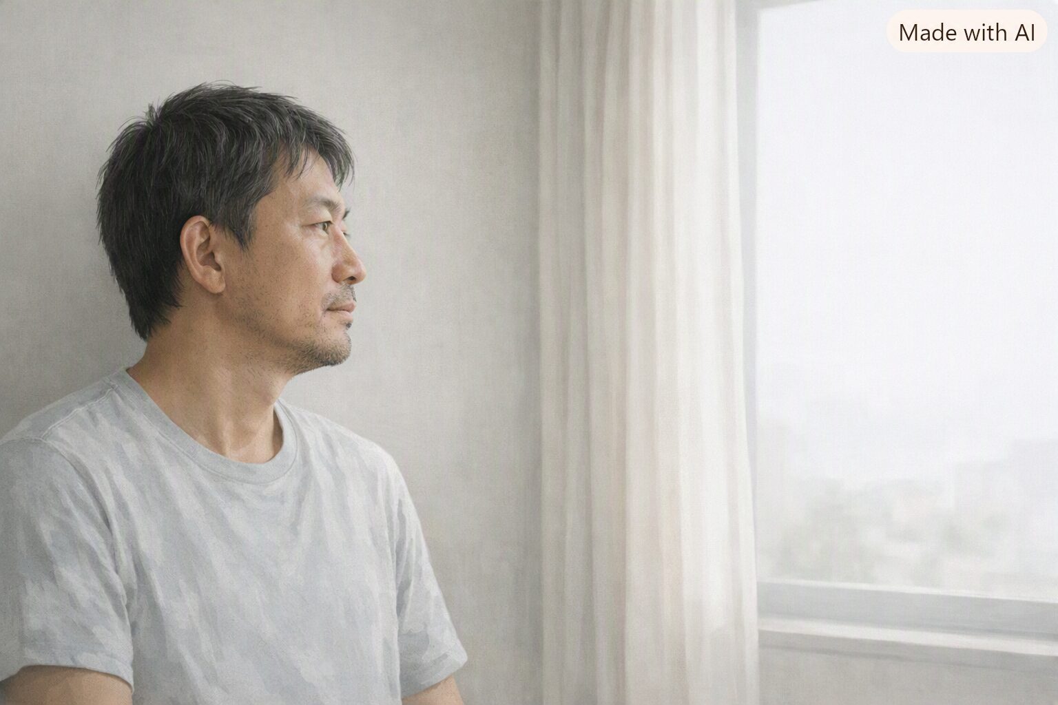 窓の外を静かに見つめる中年男性の半身イラスト。淡いベージュと薄グレーを基調にした落ち着いた室内で、柔らかな光が差し込む中、穏やかな表情で遠くを眺めている。